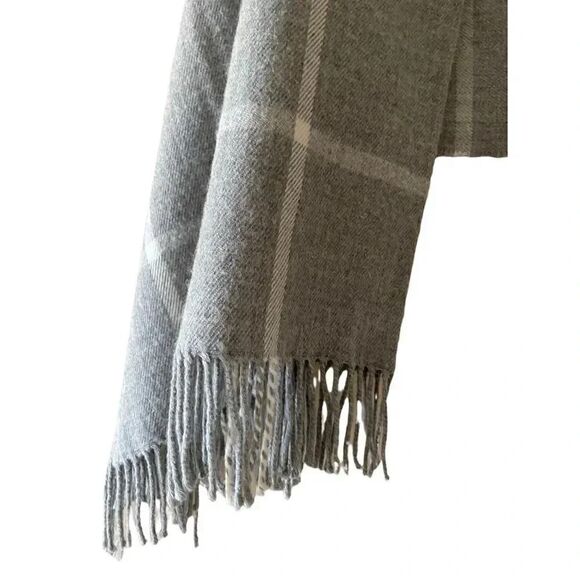 2 for $30 J Crew Gray Oversized Plaid Blanket Scarf Fringe Throw - Picture 3 of 9
